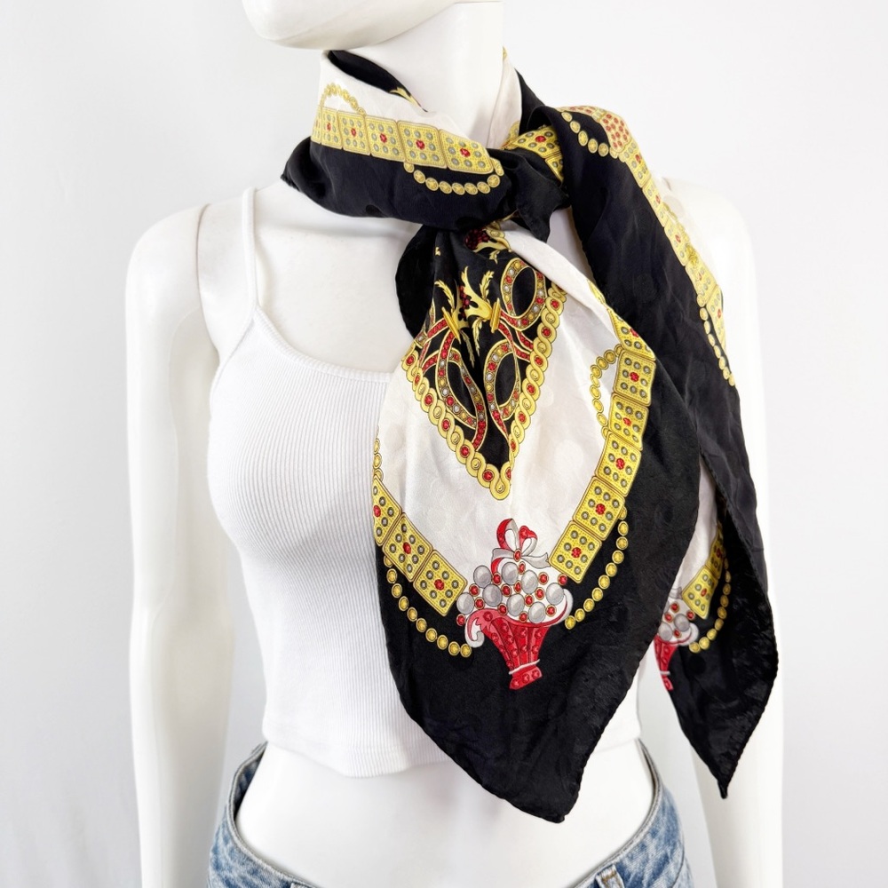 Vintage Renato Balestra Black Yellow Silk Scarf Flamingo Baroque Print